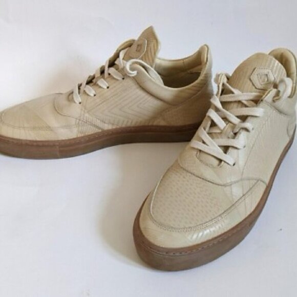 Six Hundred Four Kristensen Cordova Wood Laser Beige Leather Casual Sneakers - Picture 1 of 9